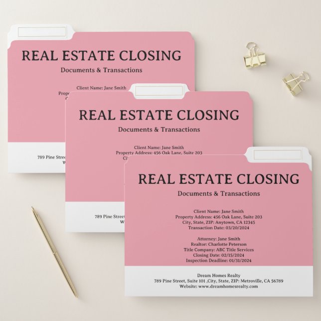 Pink Real Estate Closing File Folder (Set)