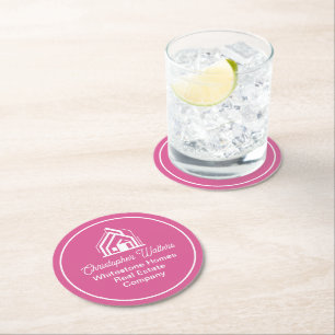 Pink Real Estate Company Custom Realtor Party Round Paper Coaster
