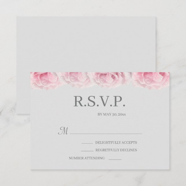 Pink Real Rose Flowers Elegant Gray Wedding RSVP Invitation (Front/Back)