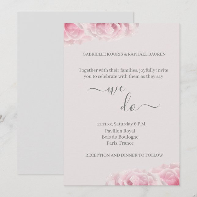 Pink Real Roses Flower Gray Elegant We Do Wedding Invitation (Front/Back)