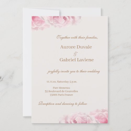 Pink Real Roses Flowers Ivory Gold Floral Wedding Invitation