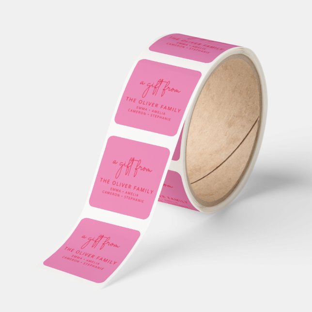 Pink Red A Gift From Family Names Script Custom Square Sticker (Roll)