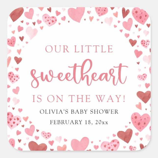 Pink Red A Little Sweetheart Valentine Baby Shower Square Sticker (Front)