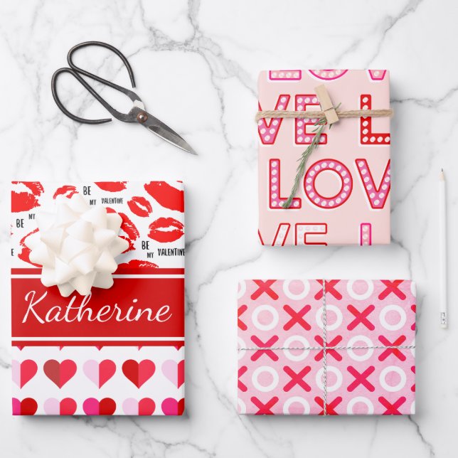 Pink Red Add Name Monogram Be My Valentine XO Love Wrapping Paper Sheets (Front)