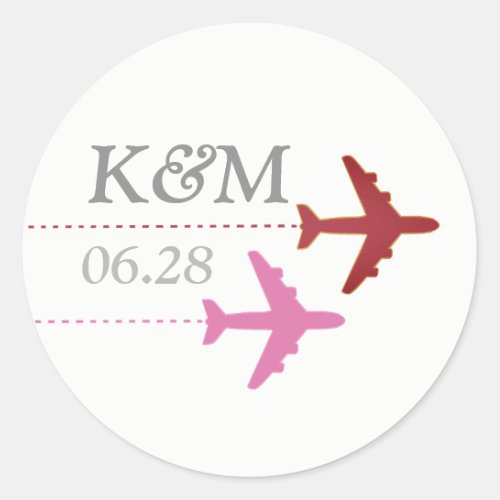 pink  red airplanes on white  initials travel  classic round sticker