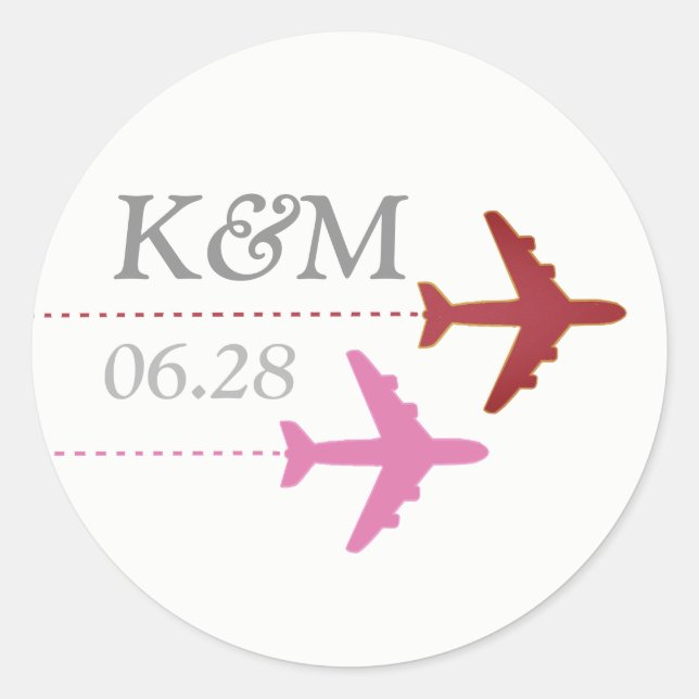 pink & red airplanes on white + initials, travel  classic round sticker (Front)