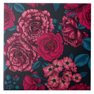Pink, red and bi-color roses with blue leaves on b ceramic tile