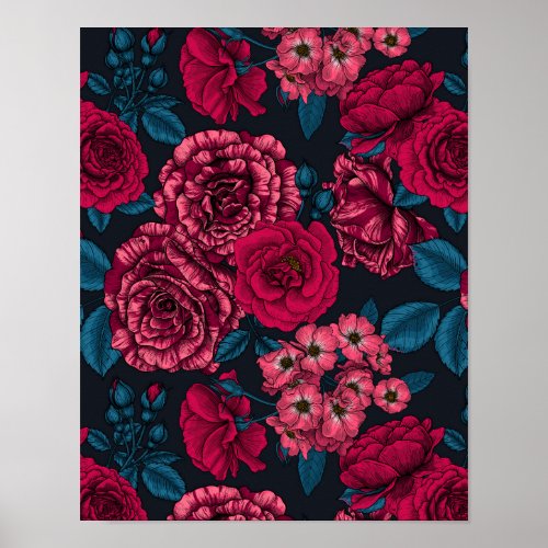 Pink red and bi_color roses with blue leaves on b poster