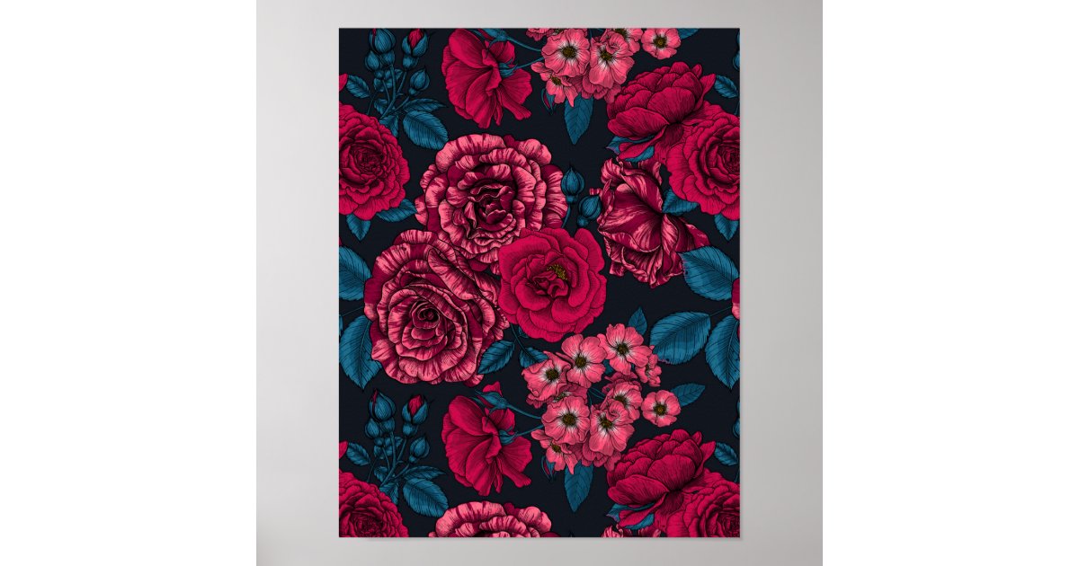 Pink, red and bi-color roses with blue leaves on b poster | Zazzle