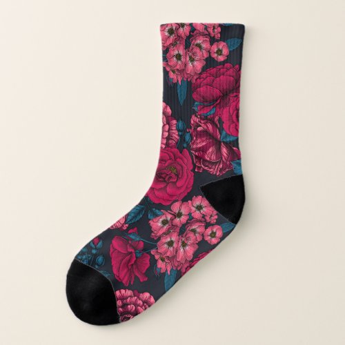 Pink red and bi_color roses with blue leaves on b socks