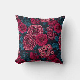 Pink, red and bi-color roses with blue leaves on b throw pillow