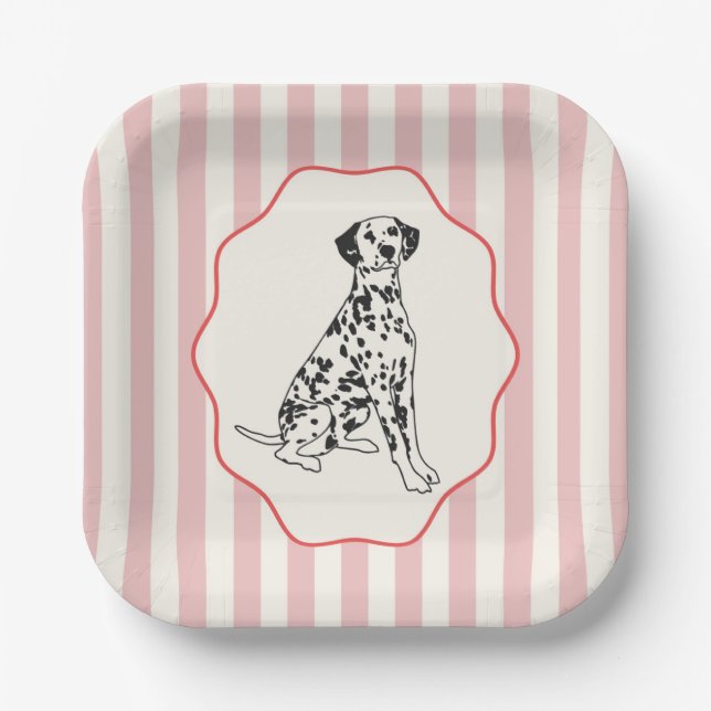 Pink, Red and Black Dog and Stripes Paper Plates (Front)