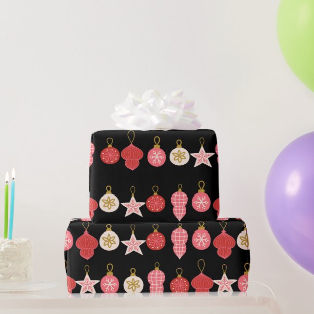 Pink, Red and Gold Christmas Ornament Wrapping Pap Paper (Party Gifts)