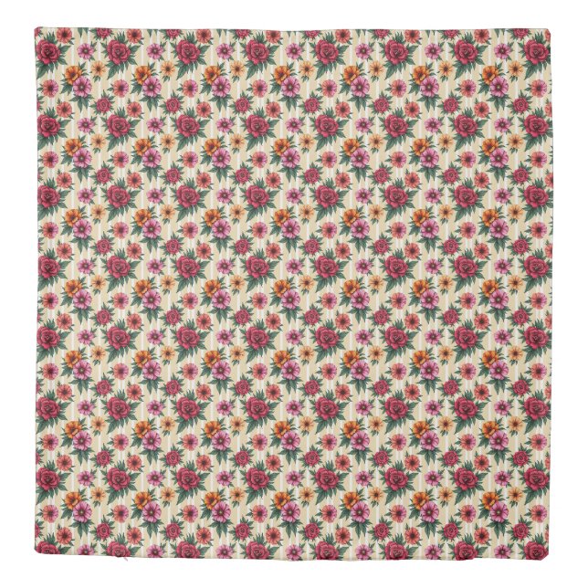Pink Red and Gold Flowers on Tan Stripes Duvet Cover (Back)
