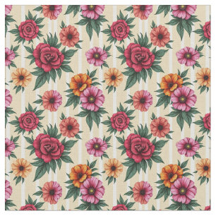 Pink Red and Gold Flowers on Tan Stripes Fabric