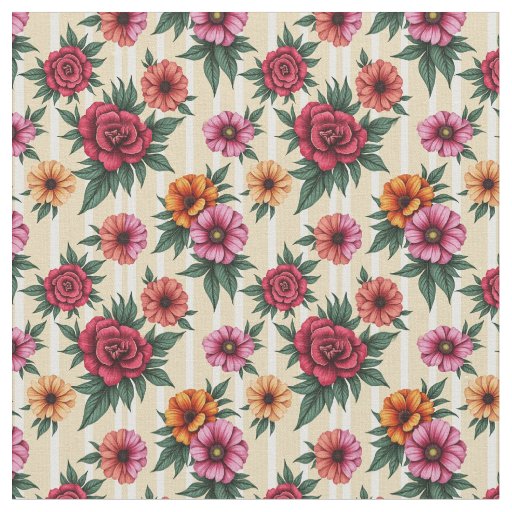 Pink Red and Gold Flowers on Tan Stripes Fabric