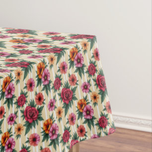 Pink Red and Gold Flowers on Tan Stripes Tablecloth