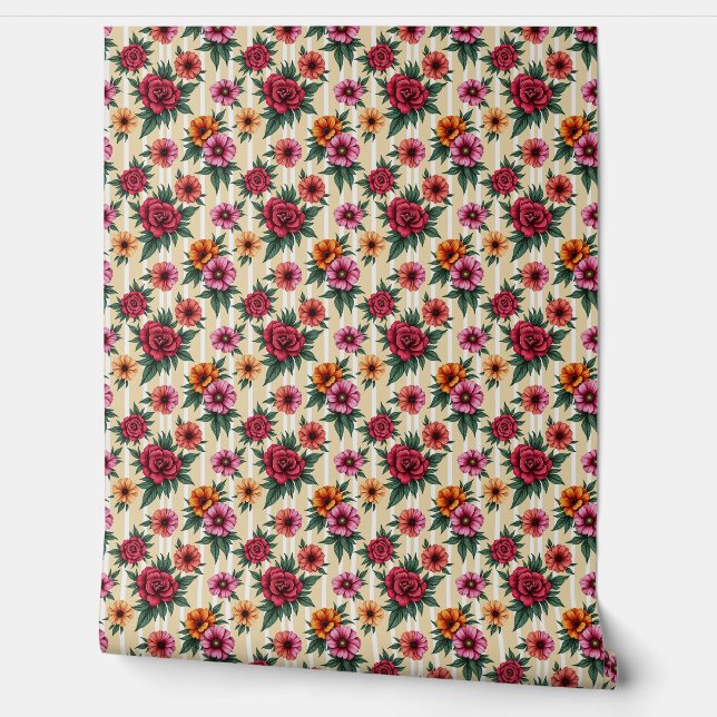 Pink Red and Gold Flowers on Tan Stripes Wallpaper (Unrolling)