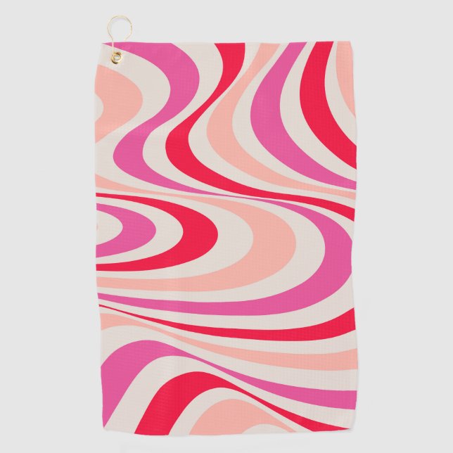 Pink, red and gray abstract retro swirl design golf towel (Front)
