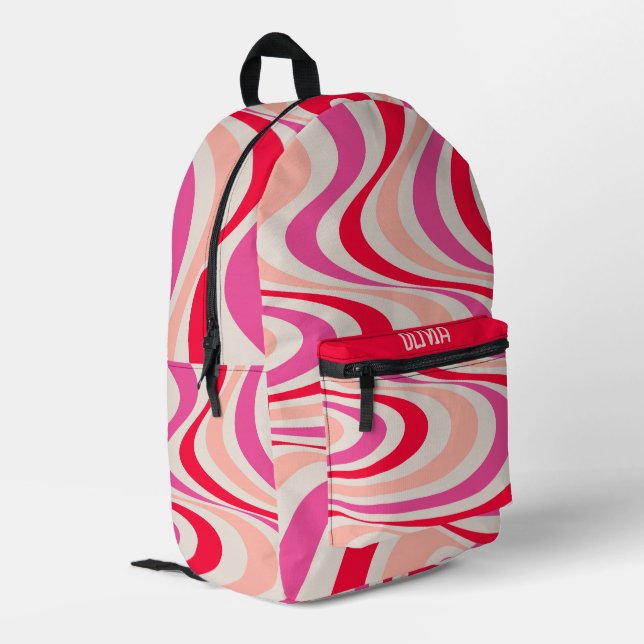 Pink, red and gray abstract retro swirl design printed backpack (Back Corner Left)