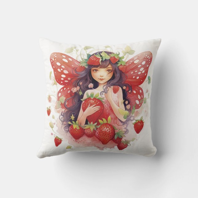 Pink Red and Green Strawberry Fairy Throw Pillow (Back)