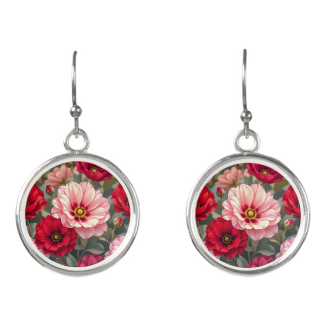 Pink, red and mauve flowers  earrings (Front)