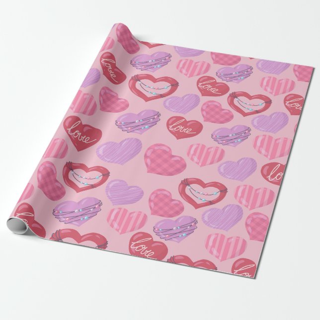 Pink, Red and Purple Love Hearts   Wrapping Paper (Unrolled)