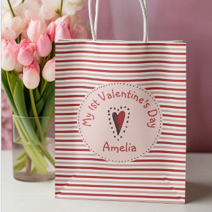 Pink Red and White Stripes Babys First Valentine Small Gift Bag