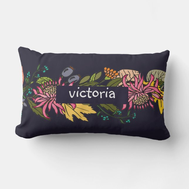 Pink red and yellow aster flower chalkboard lumbar pillow (Front)