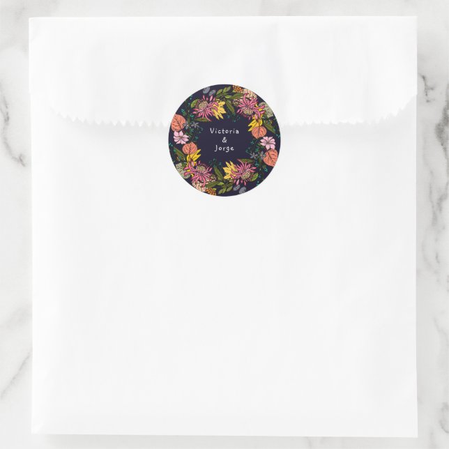 Pink red and yellow aster flower wreath chalkboard classic round sticker (Bag)