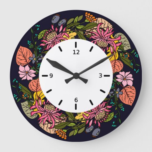 Pink red and yellow aster flower wreath chalkboard large clock
