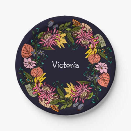 Pink red and yellow aster flower wreath chalkboard paper plates