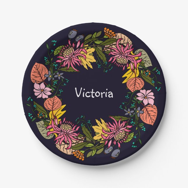 Pink red and yellow aster flower wreath chalkboard paper plates (Front)