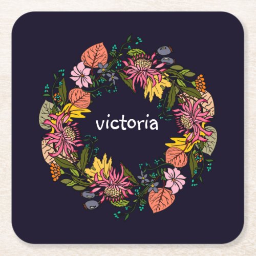 Pink red and yellow aster flower wreath chalkboard square paper coaster
