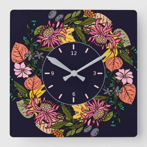 Pink red and yellow aster flower wreath chalkboard square wall clock