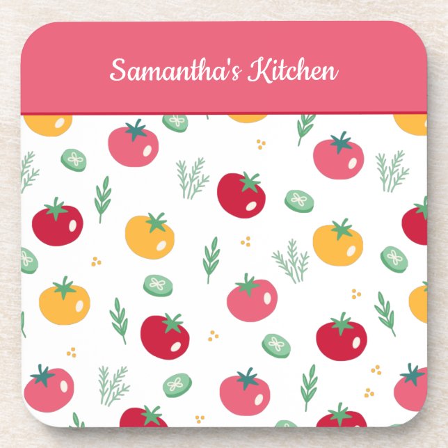 Pink Red and Yellow Tomato Pattern Kitchen Beverage Coaster (Front)