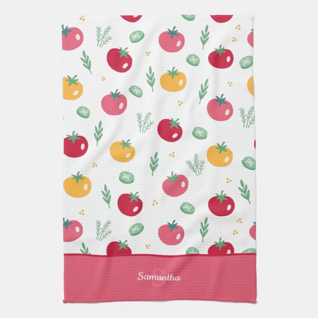 Pink Red and Yellow Tomato Pattern Kitchen Towel (Vertical)