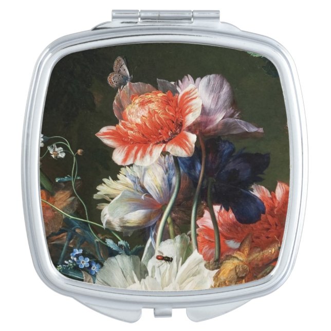 PINK RED ANEMONES WHITE FLOWERS AND BUTTERFLY MAKEUP MIRROR (Front)