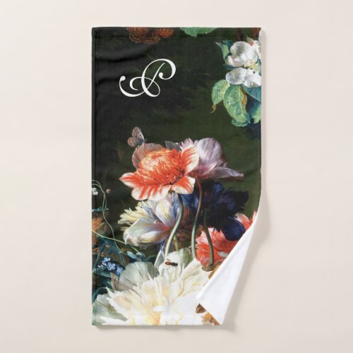 PINK RED ANEMONES WHITE FLOWERSBUTTERFLY IN BLACK BATH TOWEL SET