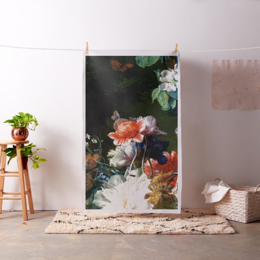 PINK RED ANEMONES WHITE FLOWERS,BUTTERFLY IN BLACK FABRIC