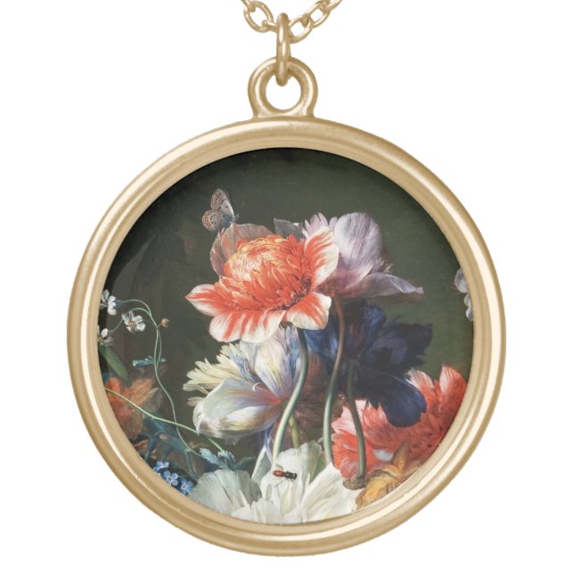 PINK RED ANEMONES WHITE FLOWERS,BUTTERFLY IN BLACK GOLD PLATED NECKLACE (Front)