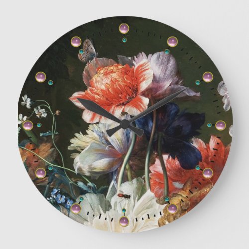 PINK RED ANEMONES WHITE FLOWERSBUTTERFLY IN BLACK LARGE CLOCK