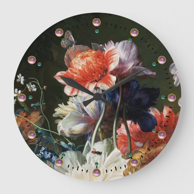 PINK RED ANEMONES WHITE FLOWERS,BUTTERFLY IN BLACK LARGE CLOCK (Front)