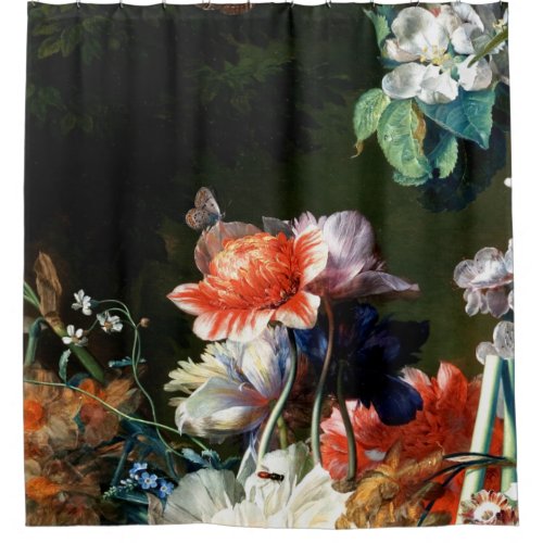 PINK RED ANEMONES WHITE FLOWERSBUTTERFLY IN BLACK SHOWER CURTAIN