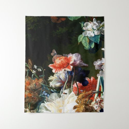 PINK RED ANEMONES WHITE FLOWERSBUTTERFLY IN BLACK TAPESTRY