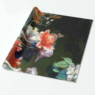 PINK RED ANEMONES WHITE FLOWERS,BUTTERFLY IN BLACK WRAPPING PAPER