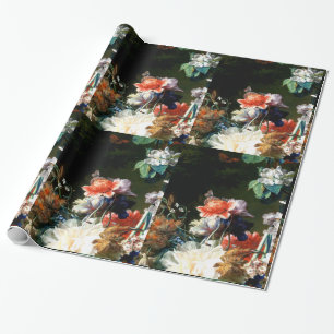 PINK RED ANEMONES WHITE FLOWERS,BUTTERFLY IN BLACK WRAPPING PAPER