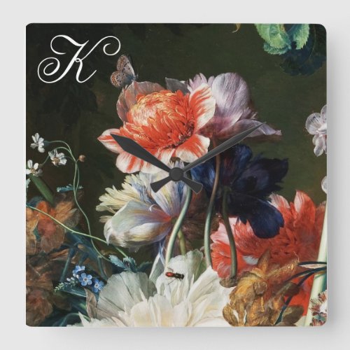 PINK RED ANEMONES WHITE FLOWERSBUTTERFLY MONOGRAM SQUARE WALL CLOCK