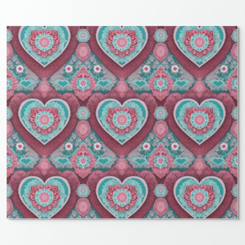 Pink Red  Aqua Valentines Day Heart Mandala Wrapping Paper