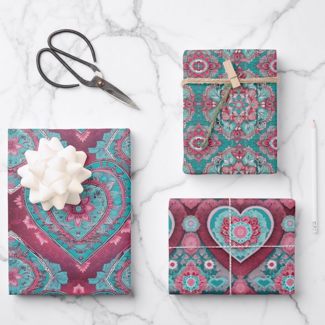 Pink Red & Aqua Valentine's Day Heart Mandala Wrapping Paper Sheets (Front)